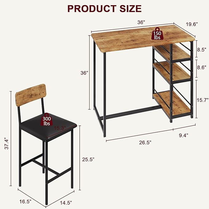 Amyove Dining Table Set for 2, Bar Table and Chairs for 2, Kitchen Table Set with 2 Upholstered Chairs, 3 Large Storage Shelves, Pub Table Set for Small Space, Apartment, Breakfast, Rustic Brown