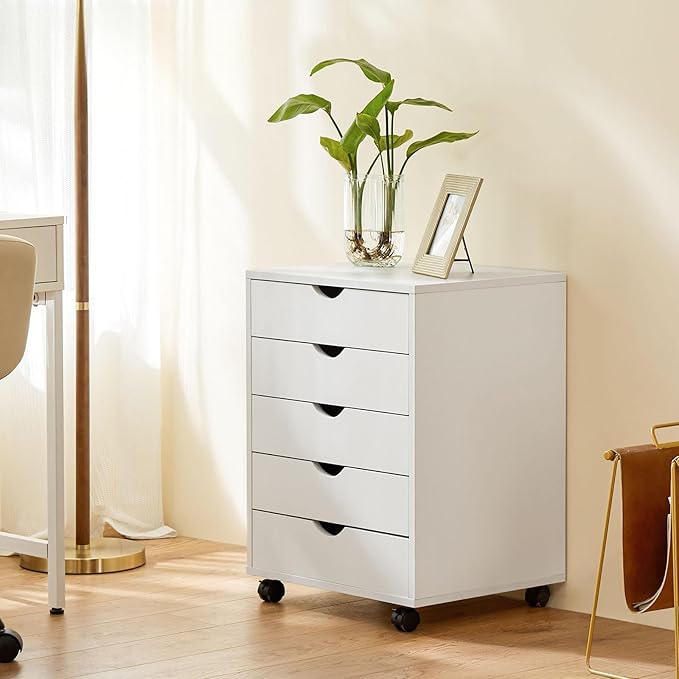 Elevon 5 Drawer Chest, Storage Cabinets Wooden Mobile Cabinet with Wheels Room Organizer, Small Drawers Wood Organization Furniture for Office, Home, White