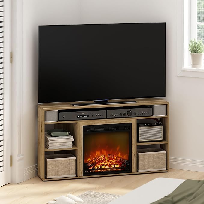 Furinno Jensen Fireplace TV Stand, Corner Entertainment Center, TV Console for TV up to 55 Inch with Fireplace, for Living Room, Bedroom, Flagstaff Oak