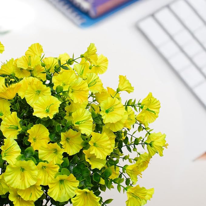 LikSoor 16 Bundles Artificial Flowers Outdoor Spring Summer Decoration Fake Silk Colorful Daisy Eucalyptus Realistic UV Outside Faux Plants for Garden Porch Window Box Home Decor Morning Glory Yellow
