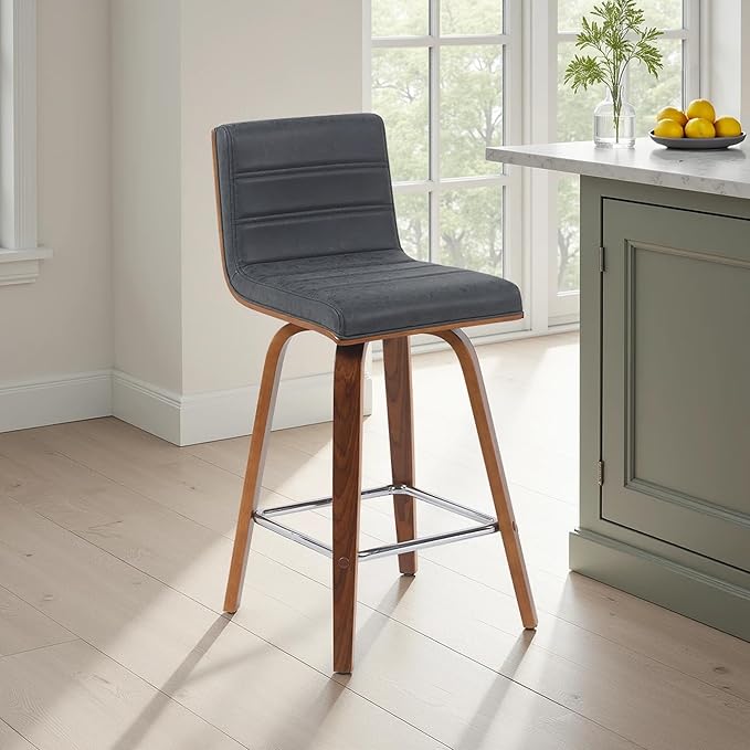 Armen Living Vienna Modern Swivel 26" Counter Height Barstool with Vintage Black Faux Leather and Walnut Wood Finish