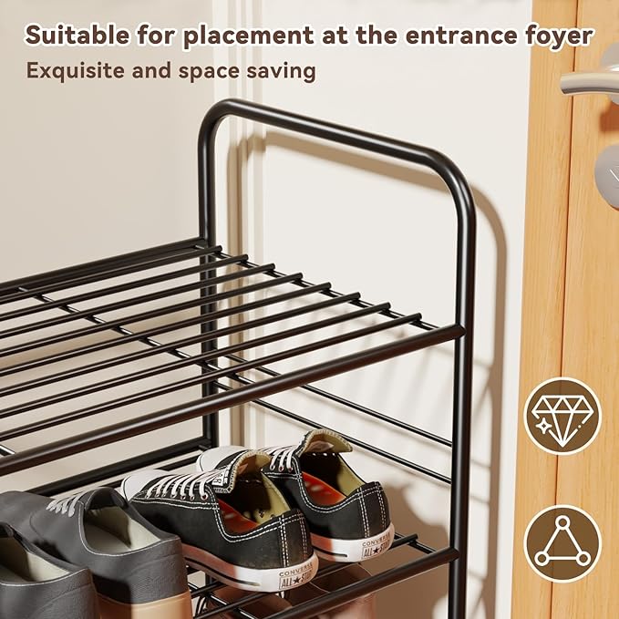 3 Tier Shoe Rack, 32.5" Wide Stackable Sturdy Metal Shoe Shelf Storage Organizer with Height-Adjustable for Entryway, Closet, Black
