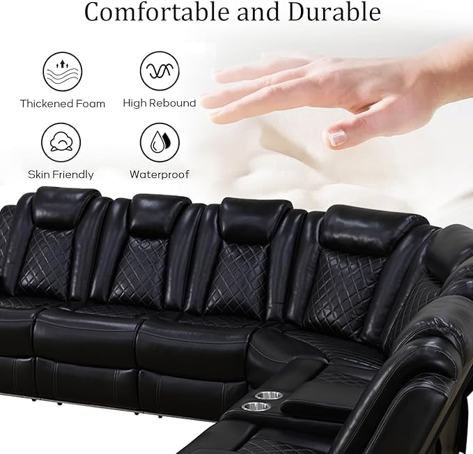 Power Reclinier Sectional Sofa Set,Black Leather Reclining Sectional Modular Sofa Set with Chair,L Shaped Leather Couch with LED Light for Living Room/House/Apartment/Lounge(L+Chair)