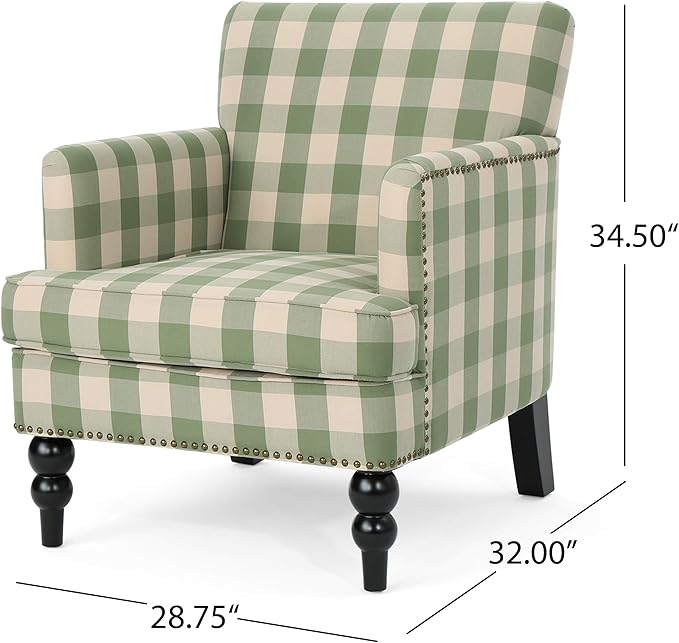 Christopher Knight Home Eve Modern Upholstered Club Chair, Wooden Living Room Accent Chair, Comfy Bedroom Reading Chair, Multifunctional Armchair, Green Checkerboard