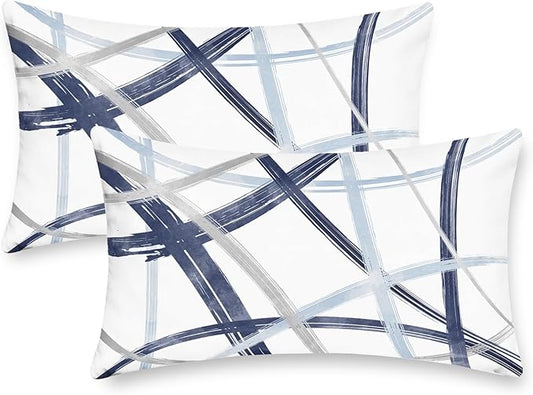 CaliTime Throw Pillow Cases Pack of 2 Cozy Fleece Arc-Shaped Abstract Geometric Lines Decorative Cushion Covers for Couch Bed Sofa Farmhouse Decoration 12 X 20 Inches Navy Baby Blue Grey