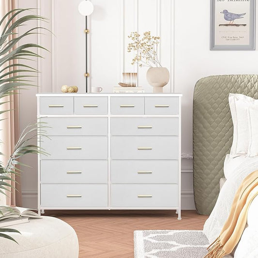 Chest of Drawers for Bedroom with 12 Deep Drawers Tall Fabric Dresser, Storage Cabinet for Closet, Nursery, Bedside, Living Room, Entryway, Hallway (White)