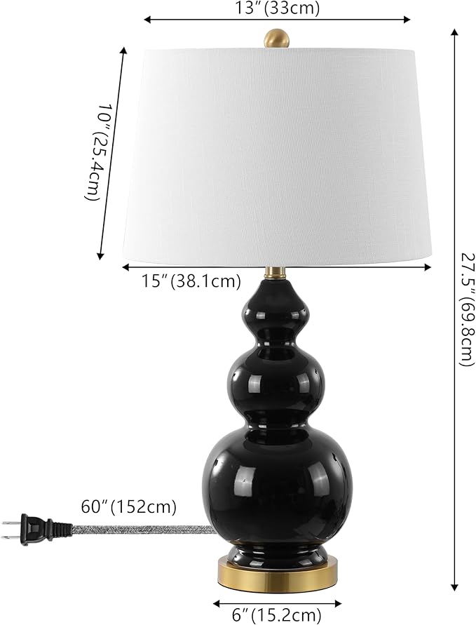 JONATHAN Y 27.5" Black/Brass Gold Modern Ceramic Gourd Table Lamp for Living Room, Large Bedside Nightstand Lamp for Bedroom, White Linen Drum Shade, LED Bulb Included (JYL4023C)