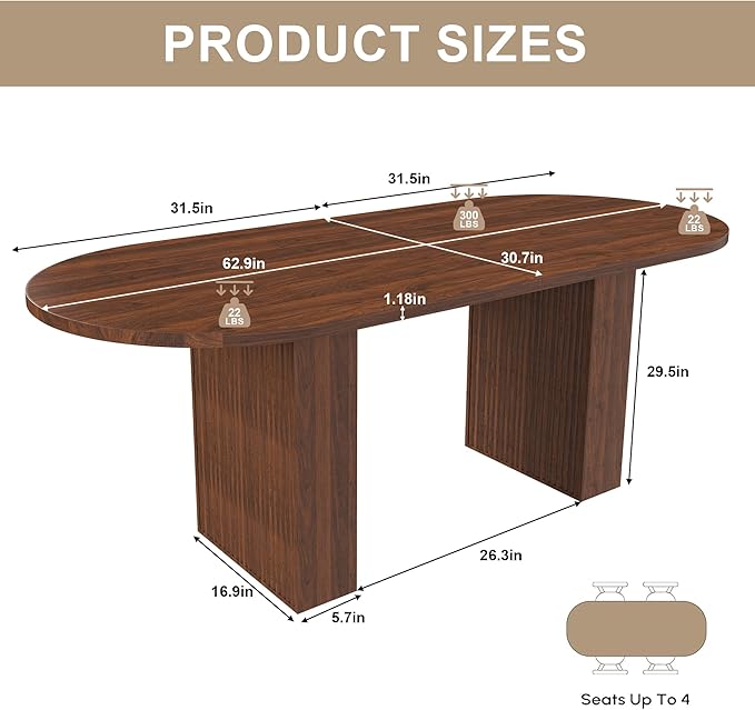 KEIKI 63" Oval Dining Table, Modern Farmhouse Dining Table for 6, Kitchen Table with Walnut Veneer Top & Sturdy Wood Metal Base, Scratch-Resistant Surface, Walnut