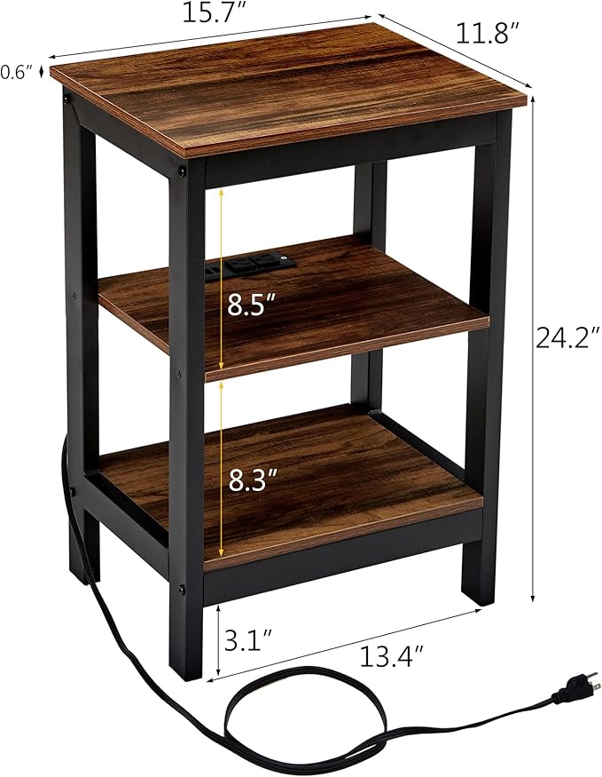 VECELO End Table with Charging Station and USB Ports, Small Wood Nightstand Modern, 24" Tall Living Room Side Table with 3-Tier Storage Shelves for Small Spaces, Office, Bedroom, Retro Brown, Set of 2