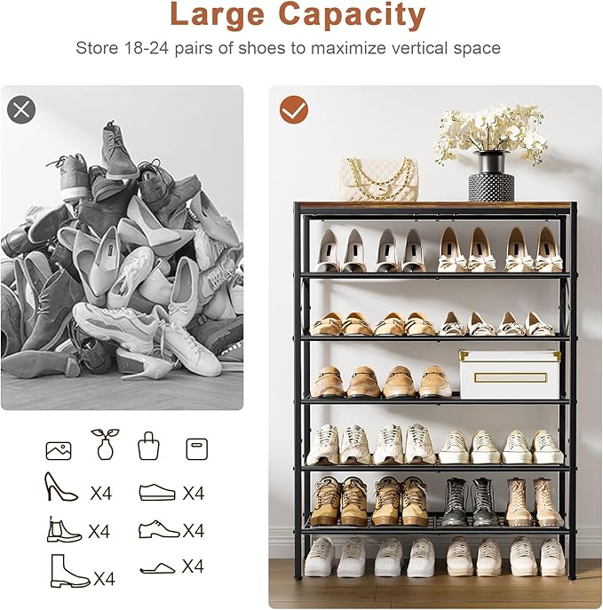 6-Tier Metal Shoe Rack Organizer Shoe Storage for Entryway 18-24 Pairs Narrow Shoe Rack for Closet Heavy-Duty Shoe Rack with Wooden Top Shelf for Garage Rustic Brown