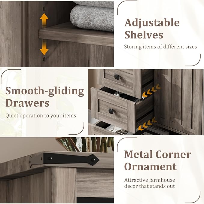 GarveeHome Farmhouse 5 Drawer Dresser for Bedroom, 48 in Tall Wood Dresser Chest of Drawer with Sliding Barn Door, Adjustable Shelf, Storage Organizer for Bedroom, Hallway, Living Room, Kitchen, Grey