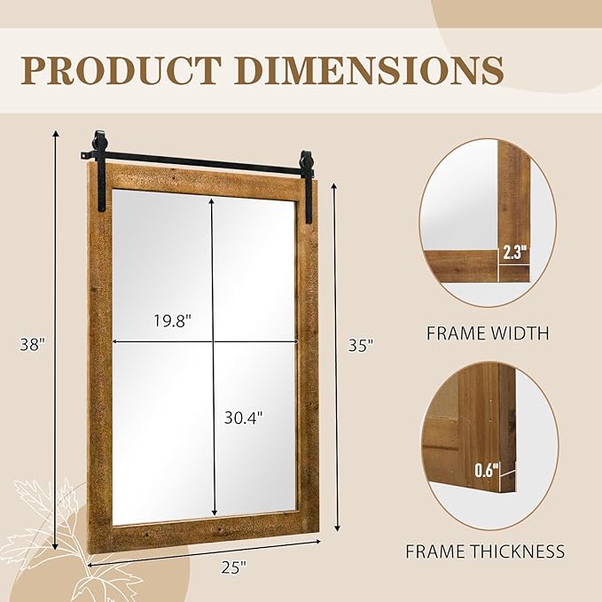 Farmhouse Barn Door Mirror, 25" x 38" Rustic Bathroom Mirror, Wood Framed Wall Mirrors, Rectangular Decor Mirrors for Living Room, Bedroom, Entryway, Brown
