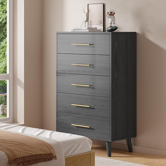 Aiho 5 Drawer Dresser, Tall Chest with Metal Handles, Wood Storage Organizer for Bedroom, Hallway, or Living Room, Black