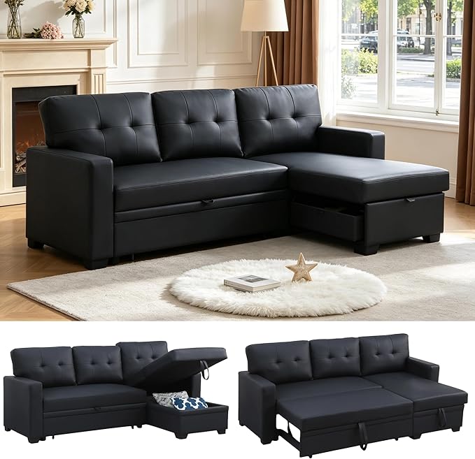 Pull Out Couch, L Shaped Sectional Couch with Pull Out Bed, Convertible Sofa Bed with Storage Chaise, Twin Size Sleeper Sofa, Sofa Bed Couch, Sleeper Sofa with Storage, Black