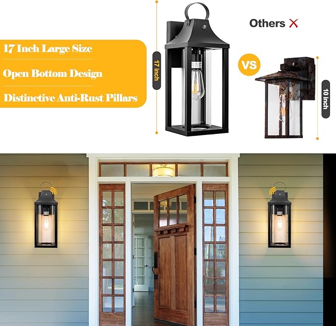 Dusk to Dawn Outdoor Lighting for House 17 Inch, Black Porch Light Cylindrical Glass IP65 Waterproof Large Outdoor Light Fixture Farmhouse Sconces Wall Lighting Exterior Lanterns for Patio
