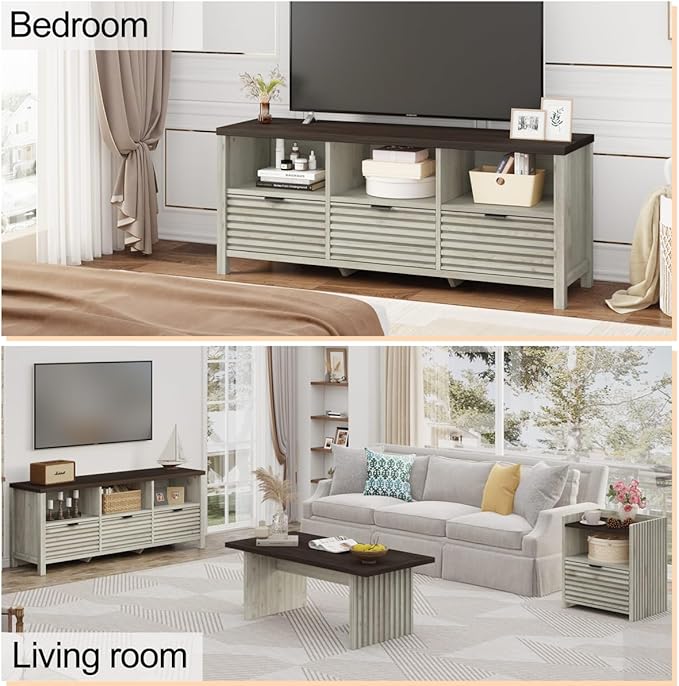 BON AUGURE TV Stand, Mid Century Modern for 55/60/65 inch TV, Farmhouse TV Stand, Low Entertainment Center with Storage, TV and Media Console for Living Room, Walnut Washed Grey