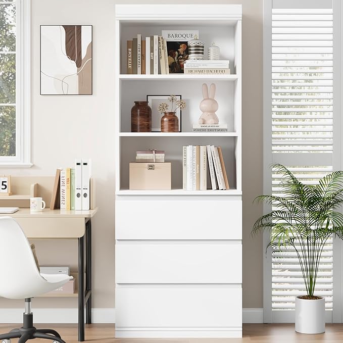 IDEALHOUSE 70" H Bookcase with 3 Storage Drawers,Tall Bookshelf w/ 3-Tier Open Shelf, Morden Storage Bookcase Wooden Deep Bookshelves Storage Cabinet Organizer for Library Office Living Room (White)