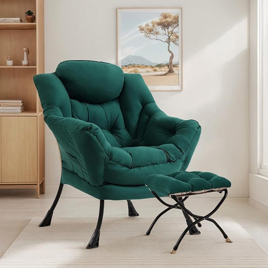 Lazy Chair with Ottoman, Large Dark Green Accent Chair with Ottoman, Comfy Reading Armchair, Leisure Sofa Chair for Living Room, Bedroom, Dorm Room, Office