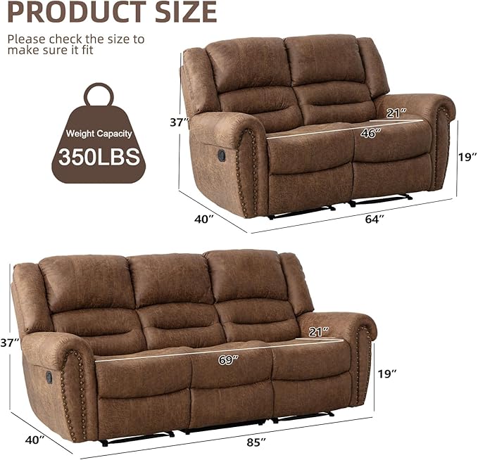 EBELLO Manual Recliner Sofa Set, Faux Leather Reclining Living Room Set, Included Loveseat Manual Recliner Sofa and 3 Seat Sofa, Brown(Loveseat+Sofa)