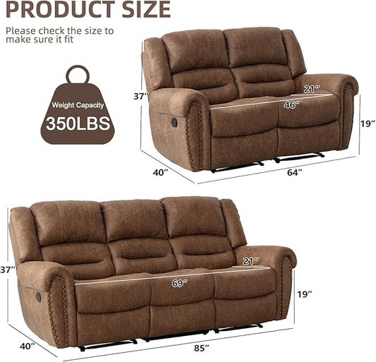 EBELLO Manual Recliner Sofa Set, Faux Leather Reclining Living Room Set, Included Loveseat Manual Recliner Sofa and 3 Seat Sofa, Brown(Loveseat+Sofa)