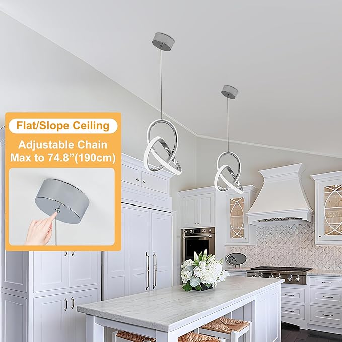 MAYNA Spiral LED Pendant Light, 4000K Natural White Modern Pendant Lights Kitchen Island, 18W Adjustable Height Island Lights for Kitchen Bedroom Dinning Room Living Room, 1 Pack (Chrome)