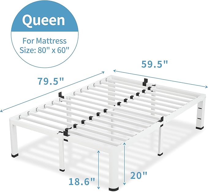 20 Inch Queen Size White Bed Frame, 3500Lbs Heavy Duty Metal Platform with Round Corner Legs Mattress Slide Stopper, Steel Slat Support No Box Spring Needed, Noise Free, Easy Assembly