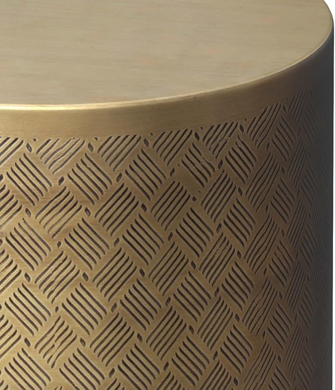 SIMPLIHOME Johnsen Metal Table - 18 inch Wide Solid Iron Round Accent Table in Antique Gold, Boho Side or End Table for Living Room or Family Room with Etched Cross Hatch Pattern, Assembled