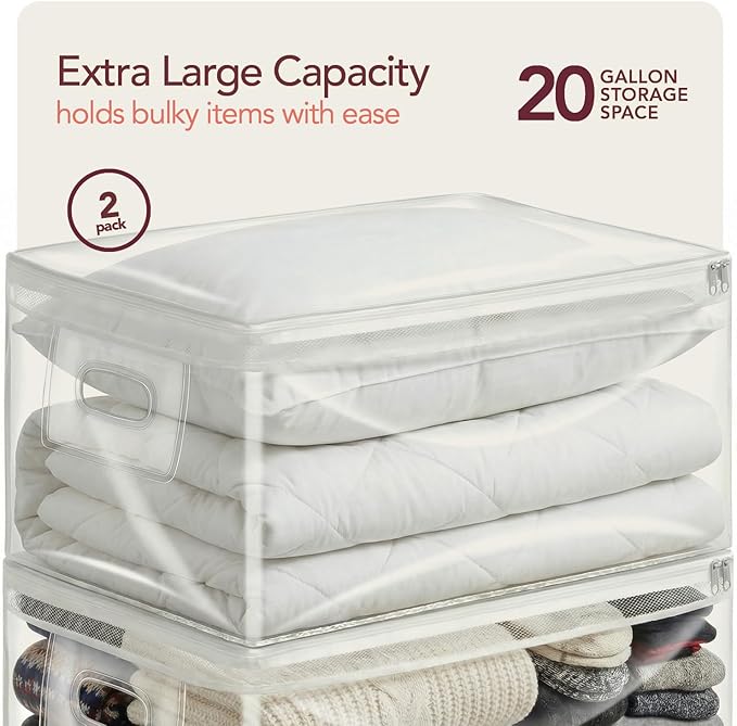 Clear Storage Bags with Zipper – Extra Large Fully Transparent Plastic Bag for Clothes Blankets Quilts Holiday Items Easy Visibility Durable Reusable Home Storage Solution, 20 Gallon Capacity, 2 Pack