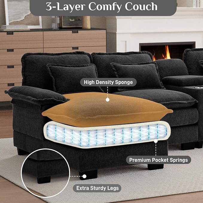 133" Oversized U Shaped Cloud Couch Modular Sectional Couches for Living Room Comfy Chenille Deep Seat Sofa Set with Double Chaise Lounge, Storage Central Console, Cup Holders, USB Port, Black