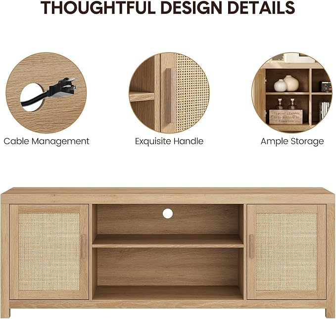 IDEALHOUSE Rattan TV Stand for 65 inch, Natural Oak Entertainment Center with Adjustable Shelves, Boho TV & Media Cabinet 2-Tier Storage for Living Room Bedroom