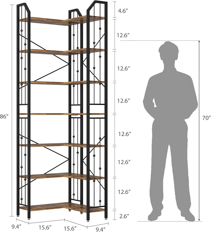 GarveeHome Corner Bookshelf 86" l Shaped Bookcase, Corner Bookshelves Industrial Bookcase 7 Tier l-Shape Bookshelf, Large Bookcases with Beaded Design Tall Display Rack Shelf for Living Room Bedroom