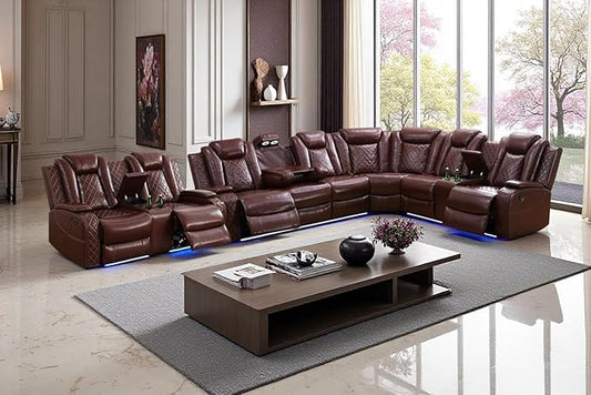 Power Recliner Sectional Sofa Set with LED, Luxury Breathing Leather Sectional Reclining Corner Couch Set, L-Shaped Sofa Couch Set with Cup Holders/Storage for Living Room