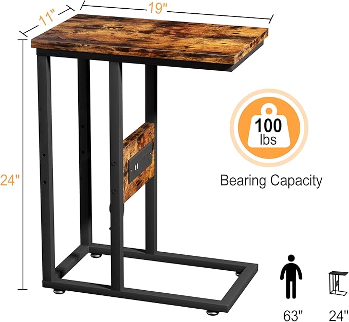 VECELO C Shaped End Table with Charging Station & Power Outlets, Quick Access Side Table for Sofa, C Bedside for Living Room Bedroom 2 Set,Brown
