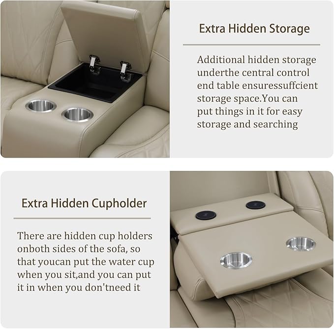 Power Recliner Sectional Sofa with LED Light, Breathing Leather Recliner Sofa Couch with USB Port/Cup Holder/Storage for Living Room (6 Seat Reclining Sectional Couch) (Khaki)