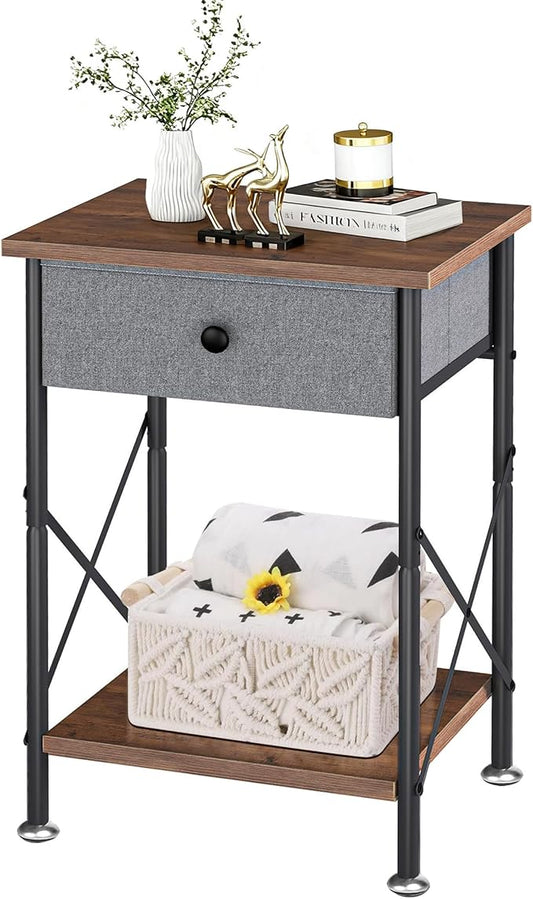VECELO End Tables, Modern Nightstands with Fabric Drawer & Open Shelf, Side Table for Bedroom Living Room, Industrial Metal Frame, Easy Assembly, Rustic Brown,1 Pack