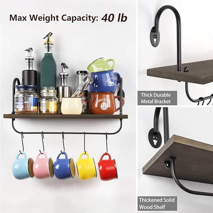 Olakee Coffee Mug Cup Holder Wall Mount, Floating Wall Shelves for Coffee Bar Organizer and Decor, Mug Rack Shelf with 10 Hooks for Kitchen Bathroom Accessories Storage Set of 2 (Weathered Grey)