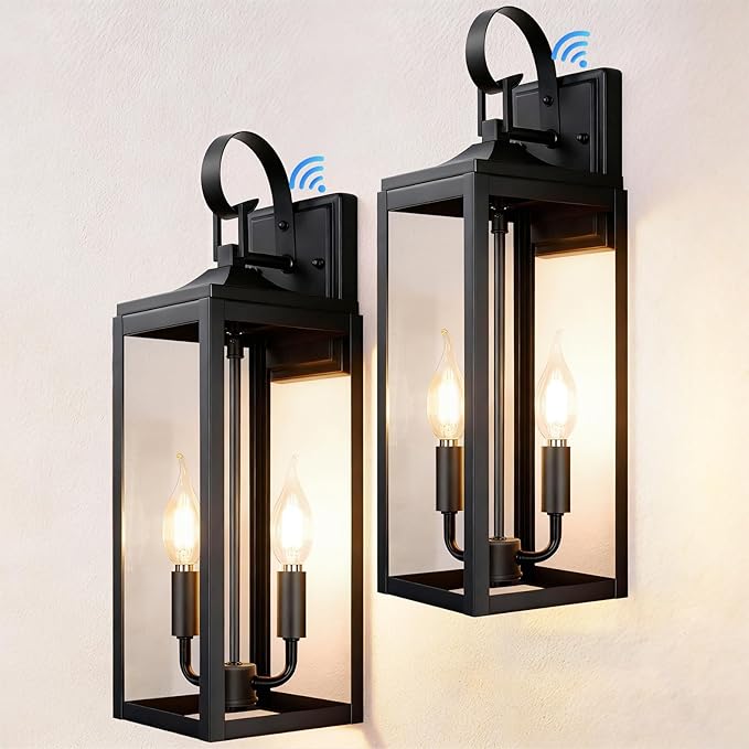 OKELI 17.6" 2-Pack Dusk to Dawn Outdoor Wall Sconce Lighting, Large Exterior Porch 2-Light Farmhouse Lantern with Clear Glass Waterproof for House Garage, Black