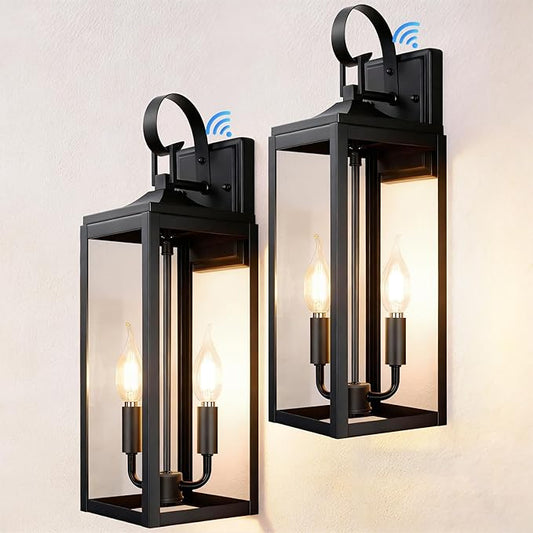 OKELI 17.6" 2-Pack Dusk to Dawn Outdoor Wall Sconce Lighting, Large Exterior Porch 2-Light Farmhouse Lantern with Clear Glass Waterproof for House Garage, Black