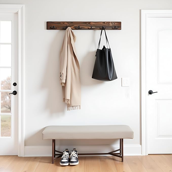 Alaterre Furniture Pomona Entryway Organizer – Modern Rustic 48-Inch Wall Mounted Coat Rack with 6 Hooks – Solid Wood and Space Saving for Jackets, Scarves & Bags in Mudroom or Hallway (Rustic Brown)