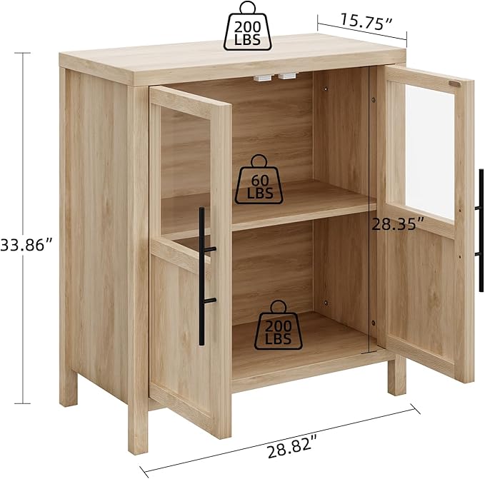 GarveeHome Sideboard Buffet Cabinet with 2 Glass Doors, 29.5 in Buffet Table Coffee Bar Wine Bar Display Cabinet for Kitchen Dining Room, Living Room (Glass with 2 Doors, Natrual)