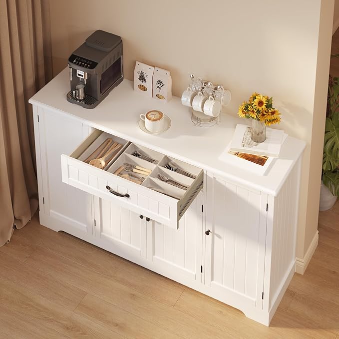 Gizoon 56" Kitchen Coffee Bar Cabinet with Storage Kitchen Sideboard Buffet Cabinet with Drawers, Short Pantry with Door and Shelves for Bathroom and Living Room, White
