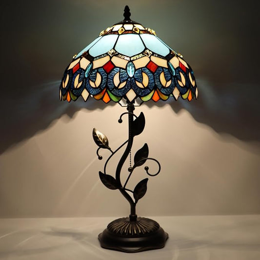 Tiffany Table Lamp, Stained Glass Desk Light, W12H19 Inch, Metal Leaf Base (Sapphire Style)