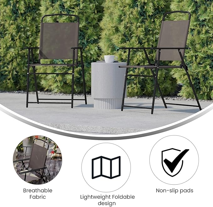 Flash Furniture Mystic Folding Patio Sling Chairs, Outdoor Textilene Lawn Chairs with Armrests, Set of 4, Brown