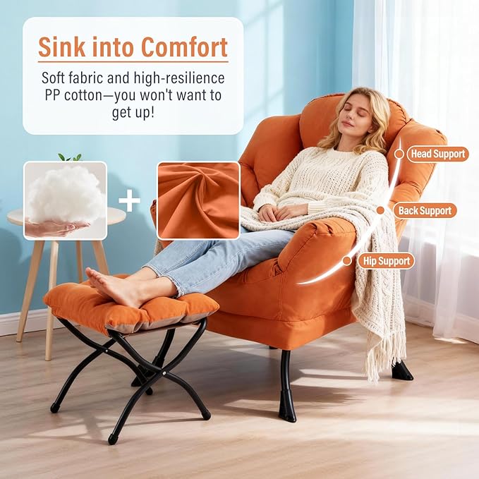 Lazy Chair with Ottoman, Modern Chair with Folding Footrest, Orange Accent Chair, Comfortable Reading Chair, Oversized Armchairs for Bedroom, Study, Living Room, Courtyard