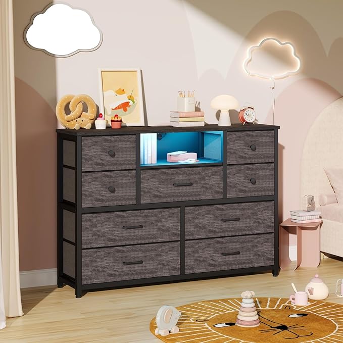 NONGSHIM Dresser with Charging Station and LED Lights, Long Dressers for Bedroom Dresser TV Stand with 9 Drawers, Fabric Chest of Drawers with PU Finish, Wide Dressers Storage Organizer, Grey