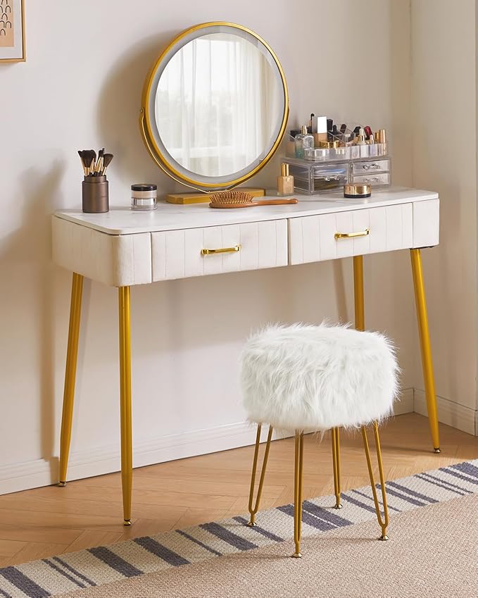 IBUYKE Round Faux Fur Vanity Stool with Storage, Furry Makeup Chair Ottoman, Soft Padded Seat, Round Footrest Footstools with 4 Metal Legs, for Living Room Bedroom Entryway, White WBD021W