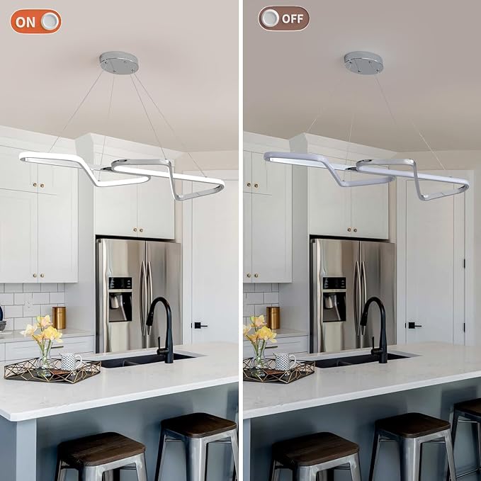 33 in Dimmable Modern LED Chandeliers for Dining Room - Adjustable Height Pendant Light Fixture Over Table, Contemporary Silver Chandelier Light Fixture (Chrome 33")