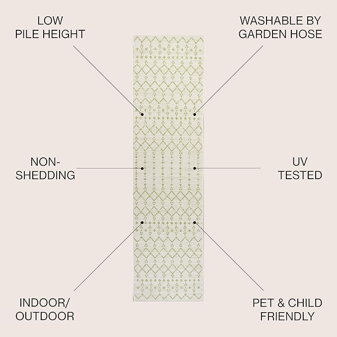 JONATHAN Y Moroccan Geometric Indoor Outdoor Runner Rug 2X10 Cream/Green, Ourika Textured Weave for Backyard, Patio, Porch, Easy-Cleaning, High Traffic, Pet-Friendly, Non-Shedding (SMB108M-210)
