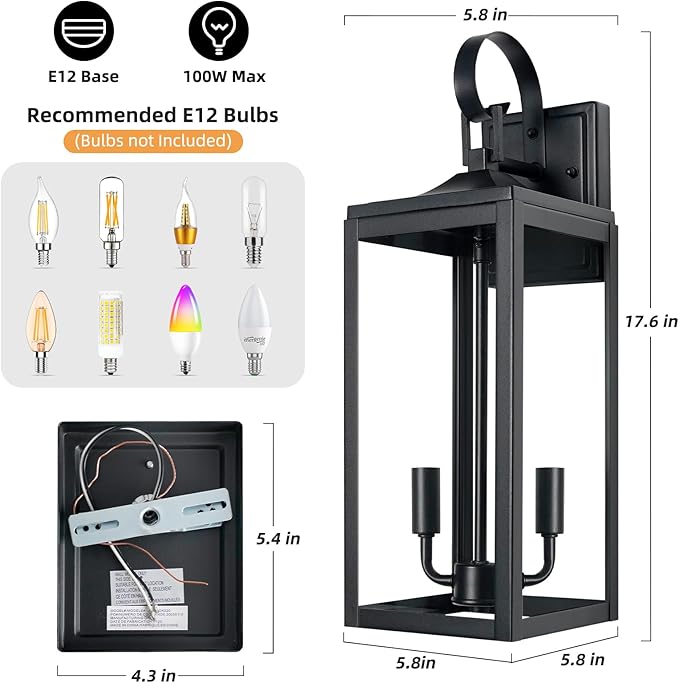 OKELI 17.6" 2-Pack Outdoor Wall Light Fixture, Large Exterior Porch Lighting 2-Light Farmhouse Outside Lantern Lights with Clear Glass Waterproof Wall Sconces Lamp for House Garage