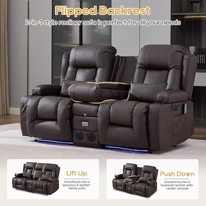 IPKIG Power Recliner Sofa with Flip-Up Backrest Console, USB & USB-C Ports, AC Outlet, LED Lights, Wall Hugger Recliners for Living Room, RV (Brown, 67" - 3 Seat) | Faux Leather, Zero Gravity, Dual Reclining, 2 Lumabr Pillow, Bluetooth Speakers